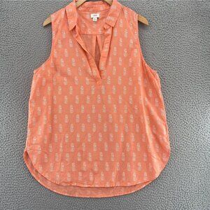 J Crew Top Womens Large Coral Pineapple Print Linen Blend Sleeveless Collared